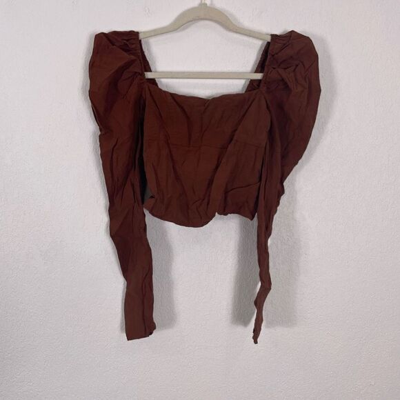 Abercrombie & Fitch Brown Puff Shoulder Long Sleeve Cropped Top - Picture 1 of 6